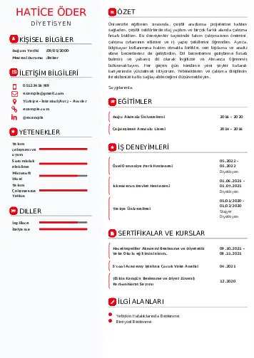 Beslenme Uzmanı Diyetisyen CV Örnekleri cv indir